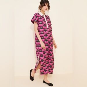 Dhruv Kapoor Pink Floral Shirt Maxi Dress SMALL w Contrast Collar & Side Slit